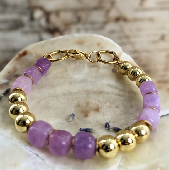 Natural Purple Morganite And Gold Ball Bead Bracelet - Picture 3 of 6